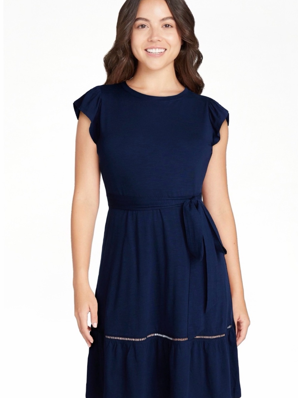 Time and Tru Navy Tie-Waist Midi Dress with Flutter Cap Sleeves